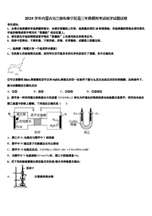 2024学年内蒙古乌兰察布集宁区高三年级模拟考试化学试题试卷含解析