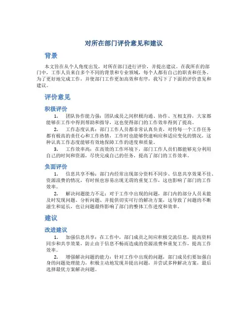 对所在部门评价意见和建议
