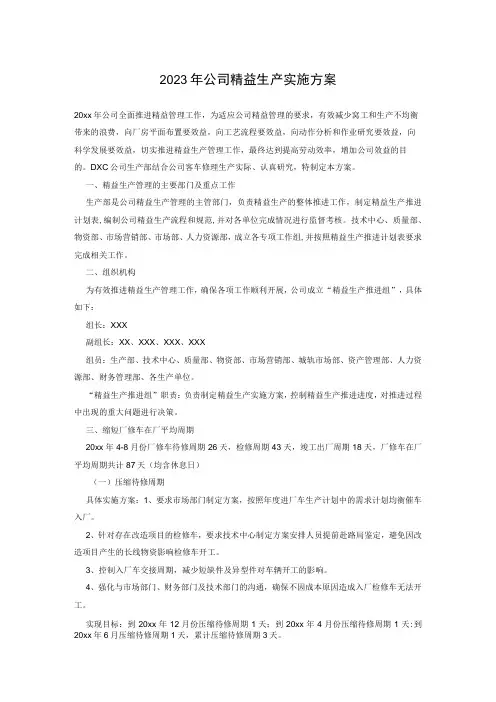 2023年公司精益生产实施方案