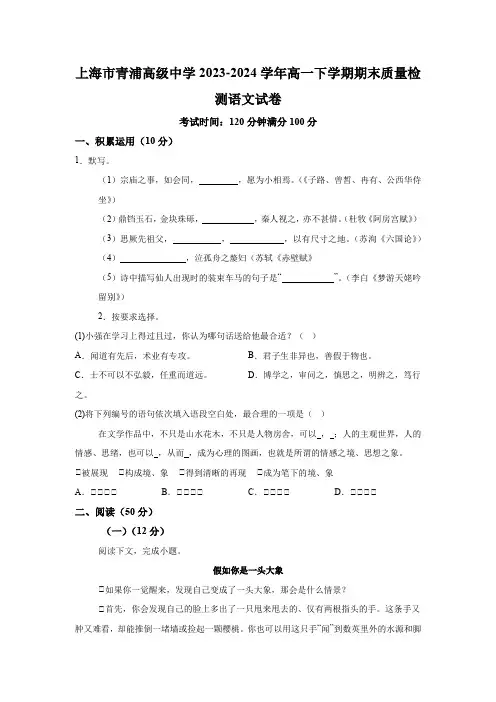 上海市青浦高级中学2023-2024学年高一下学期期末质量检测 语文试卷(含解析)