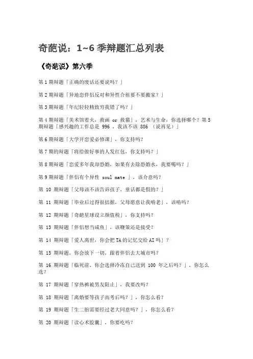 奇葩说：1~6季辩题汇总列表