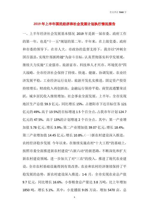 2019年上半年国民经济和社会发展计划执行情况报告
