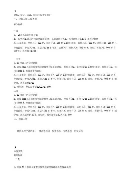 建筑、安装、市政、园林工程类别划分