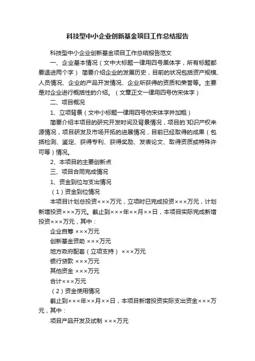 科技型中小企业创新基金项目工作总结报告