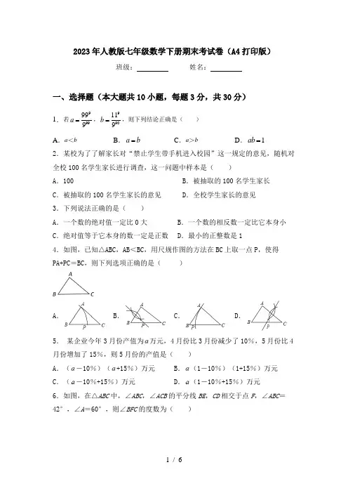 2023年人教版七年级数学下册期末考试卷(A4打印版)