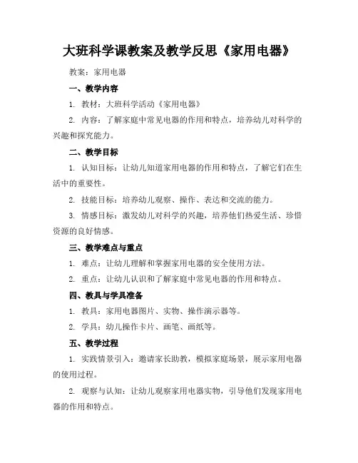大班科学课教案及教学反思《家用电器》