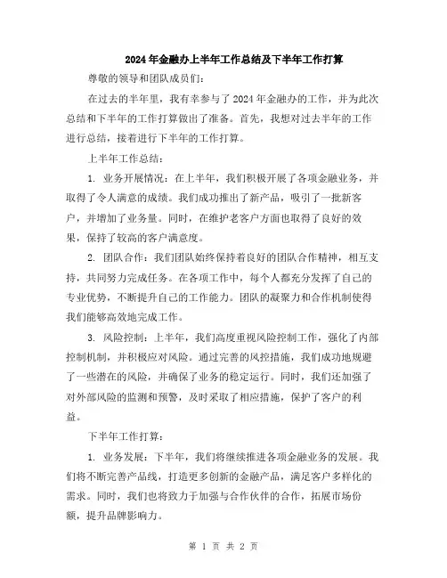 2024年金融办上半年工作总结及下半年工作打算