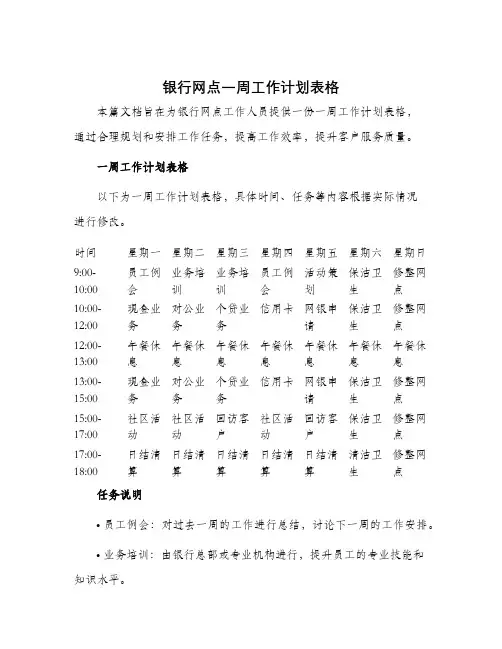 银行网点一周工作计划表格