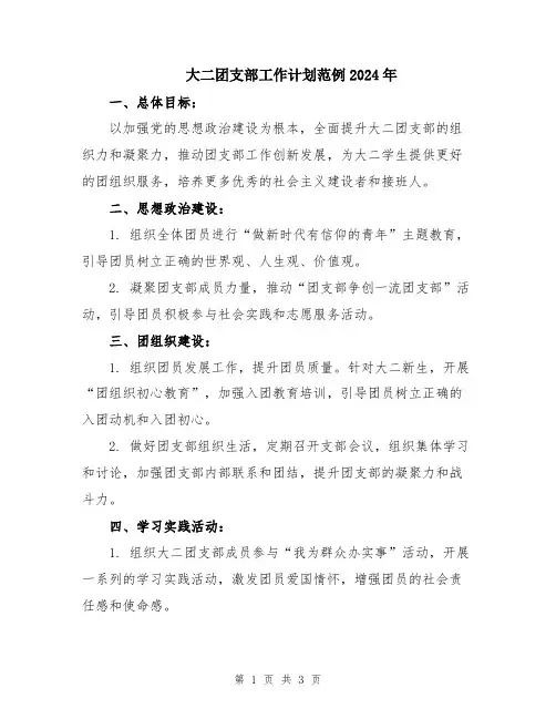 大二团支部工作计划范例2024年