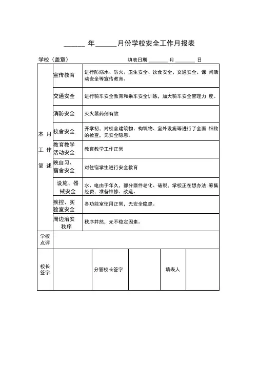 学校安全工作月报表(打印版)