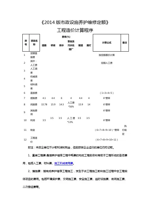 《2014版市政设施养护维修定额》费用定额