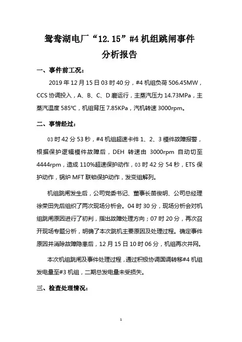 鸳鸯湖电厂12月15日4号机组超速保护误动作跳闸事件分析报告