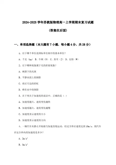 苏教版物理高一上学期期末试题与参考答案(2024-2025学年)