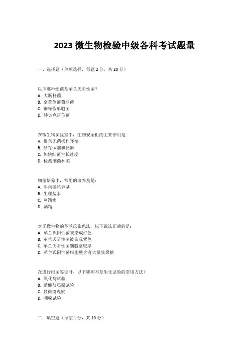 2023微生物检验中级各科考试题量