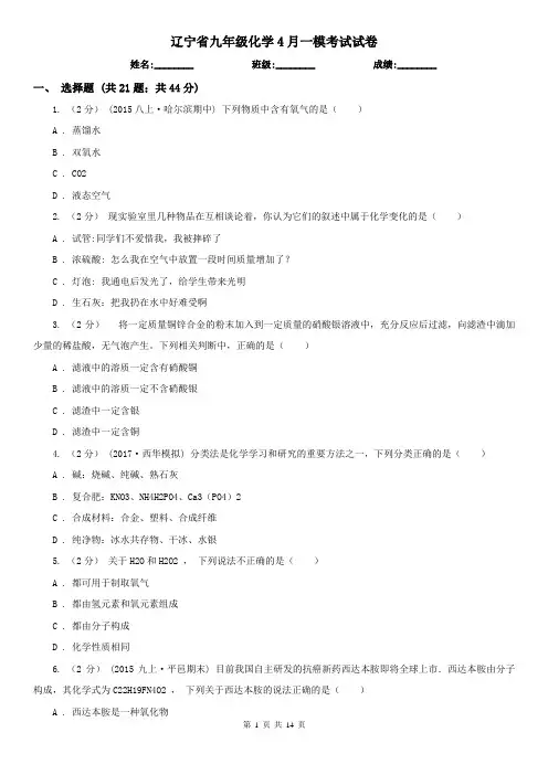 辽宁省九年级化学4月一模考试试卷