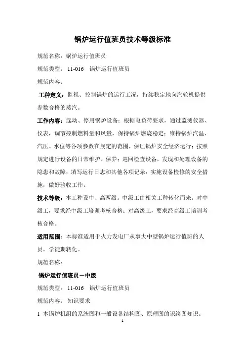 锅炉运行值班员技术等级标准