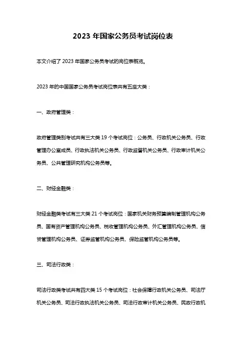 2023年国家公务员考试岗位表