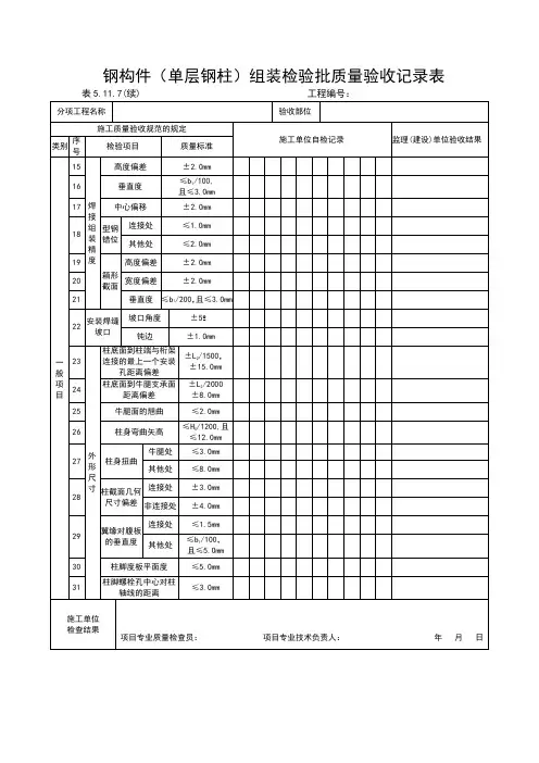 钢构件(单层钢柱)组装检验批质量验收记录表