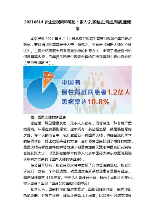 20210614养生堂视频和笔记：张大宁,张勉之,肾虚,肾病,亚健康