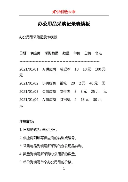 办公用品采购记录表模板