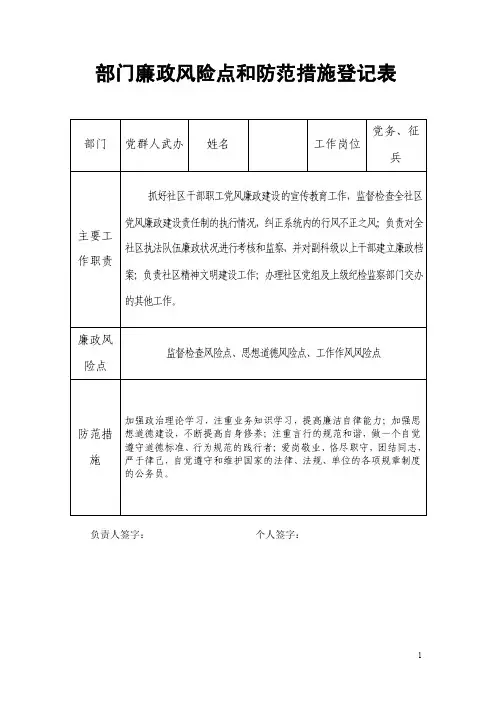 社区部门廉政风险点和防范措施登记表