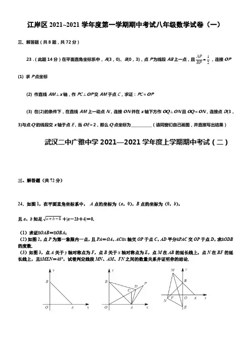 武汉各区八年级上期中压轴题