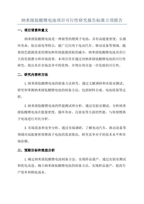 纳米级钛酸锂电池项目可行性研究报告标准立项报告