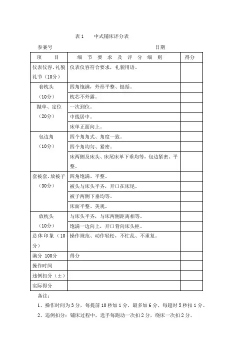 中式铺床评分表