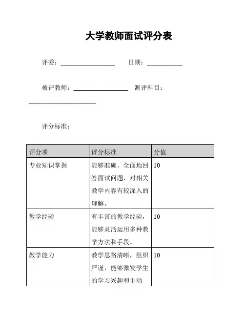 大学教师面试评分表