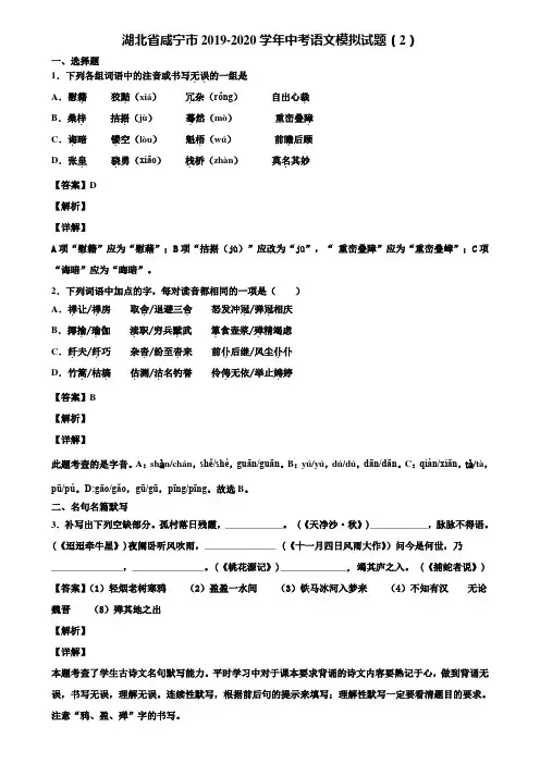 湖北省咸宁市2019-2020学年中考语文模拟试题(2)含解析