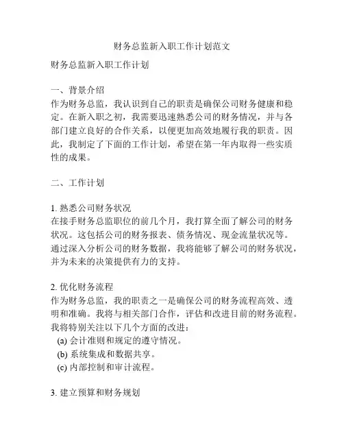 财务总监新入职工作计划范文