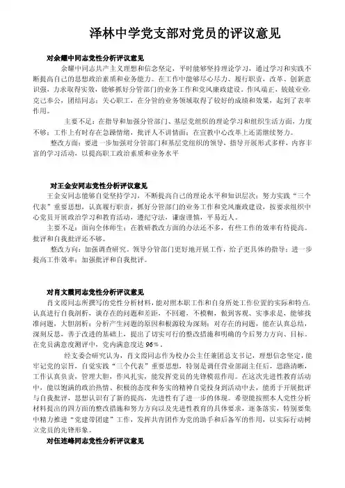 党支部对党员的评议意见