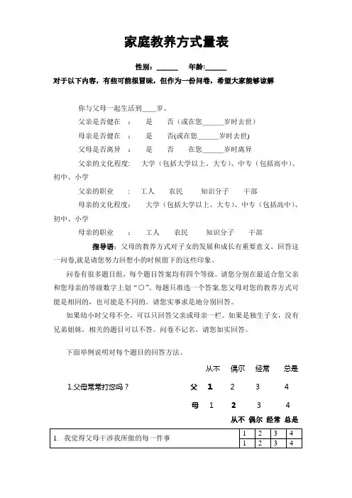 家庭教养方式量表(EMBU)及评分标准
