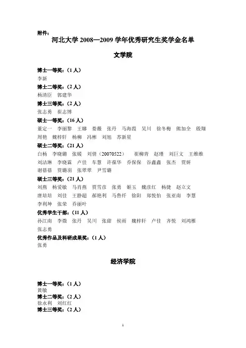 河北大学20082009学年优秀研究生奖学金名单