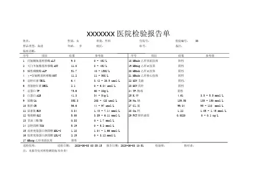 肝肾功能 生化报告单 可编辑
