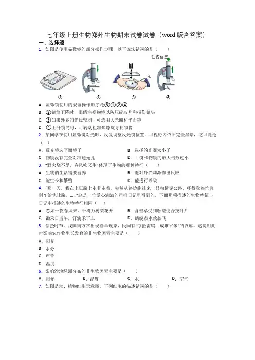 七年级上册生物郑州生物期末试卷试卷(word版含答案)
