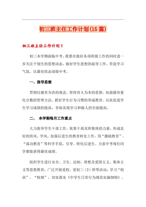 初三班主任工作计划(15篇)