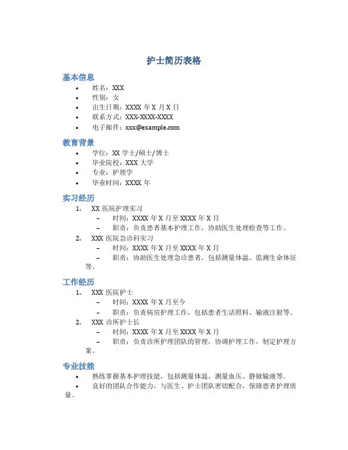 护士简历表格