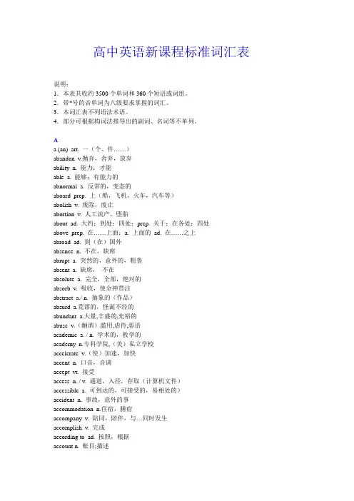 高中英语新课程标准词汇表(附释义)