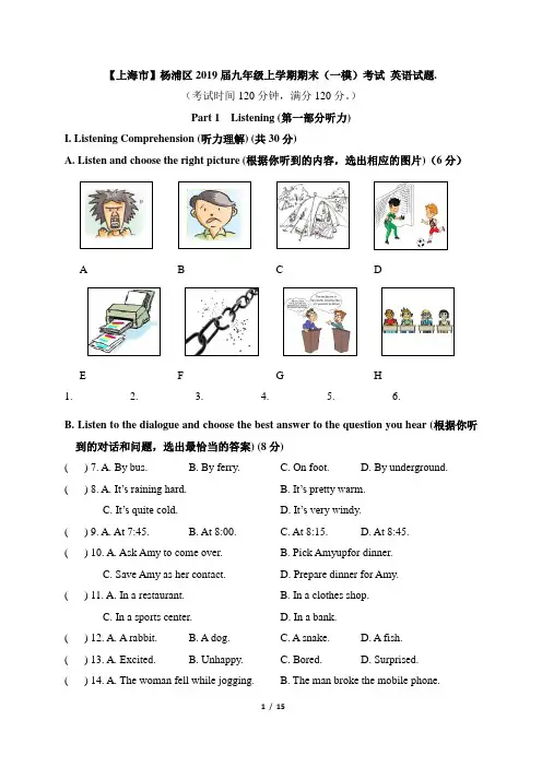 【上海市】杨浦区2019届九年级上学期期末(一模)考试英语试题