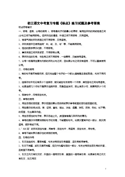 初三语文中考复习专题《标点》练习试题及参考答案