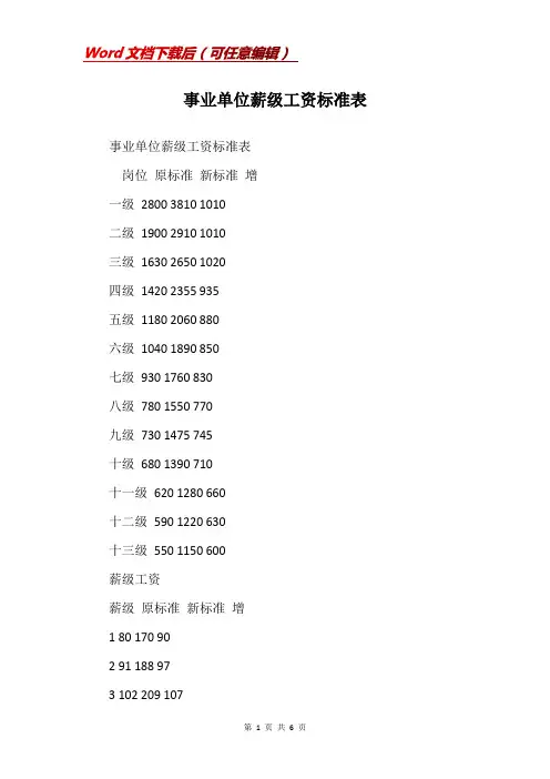 事业单位薪级工资标准表