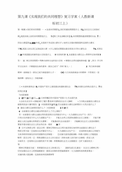 第九课《实现我们的共同理想》复习学案(人教新课标初三上)