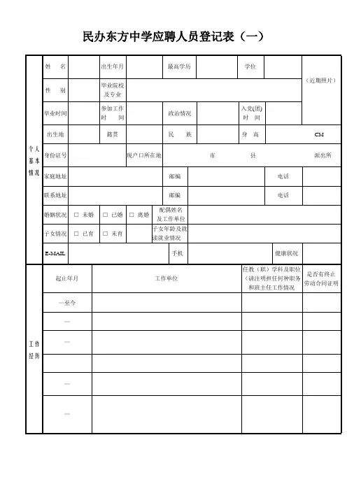 民办东方中学应聘人员登记表(一)