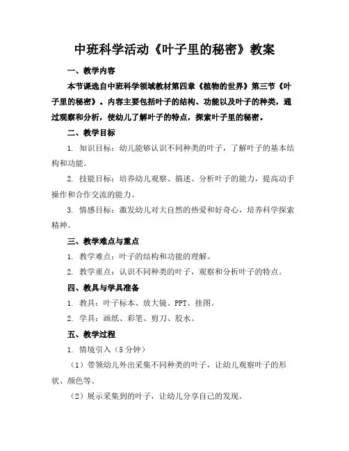中班科学活动《叶子里的秘密》教案