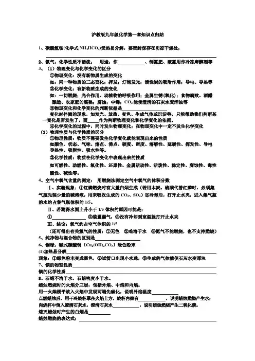 沪教版九年级化学第一章知识点归纳