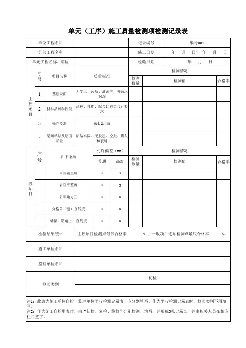 一般抹灰检测记录表(三检表)