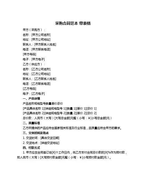 采购合同范本 带表格