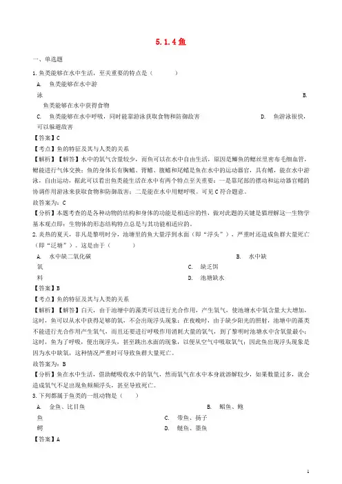 (部编本人教版)最新八年级生物上册 5.1.4 鱼同步练习(含解析)(新版)部编本人教版【经典练习】