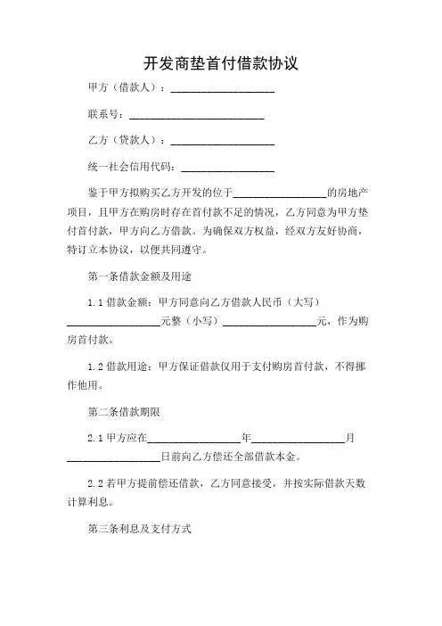 开发商垫首付借款协议标准版